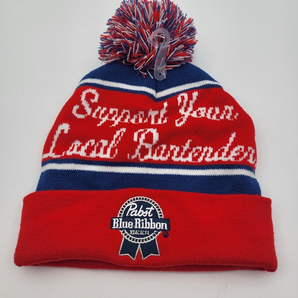 Pabst Blue Ribbon Beer Cuffed Pom Stocking Hat Embroidered Logo Red Blue